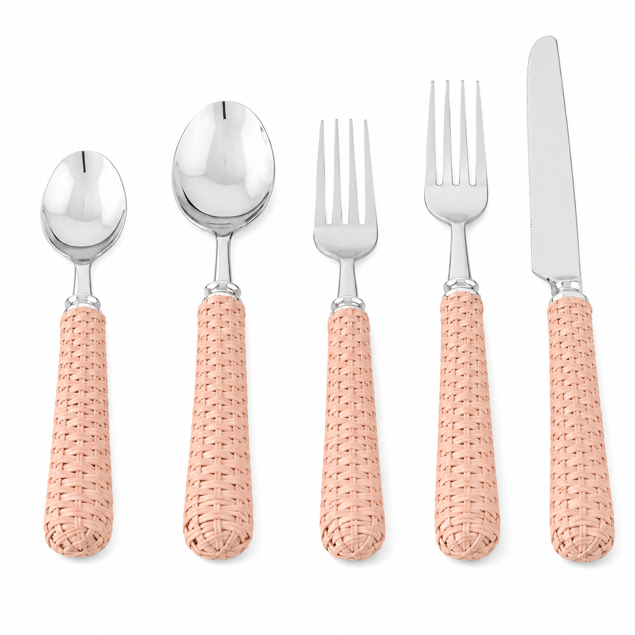Pale Pink Basketweave Five Piece Flatware Set