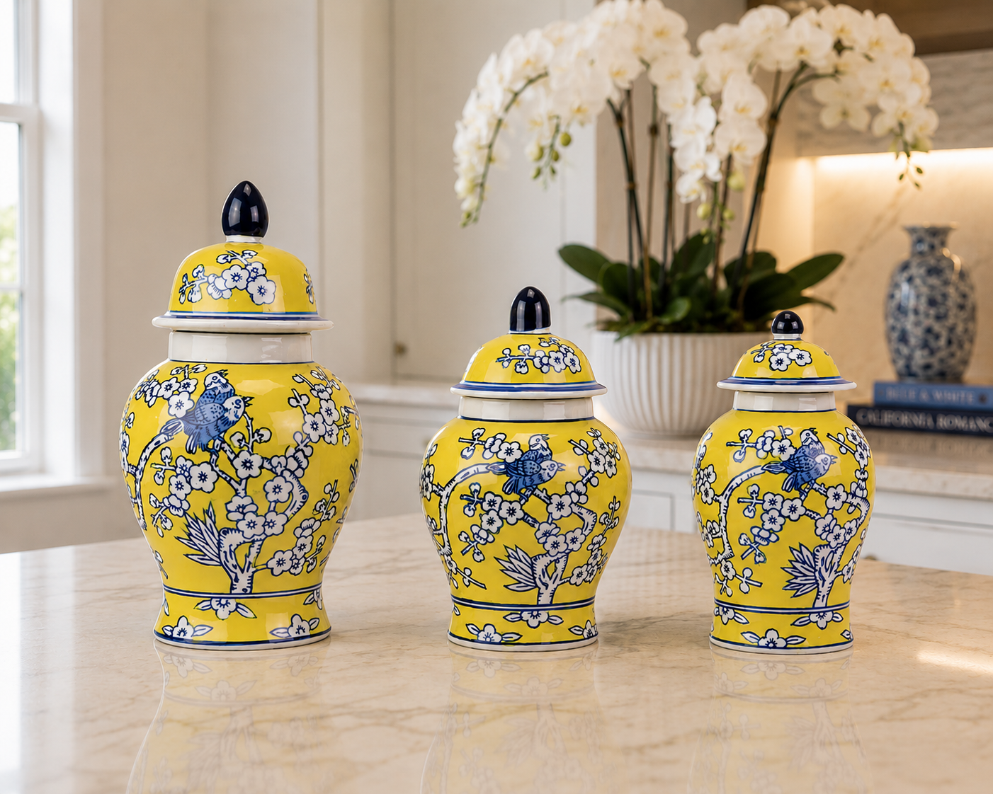 Set of 3 Yellow & Blue Floral Food Safe Jars