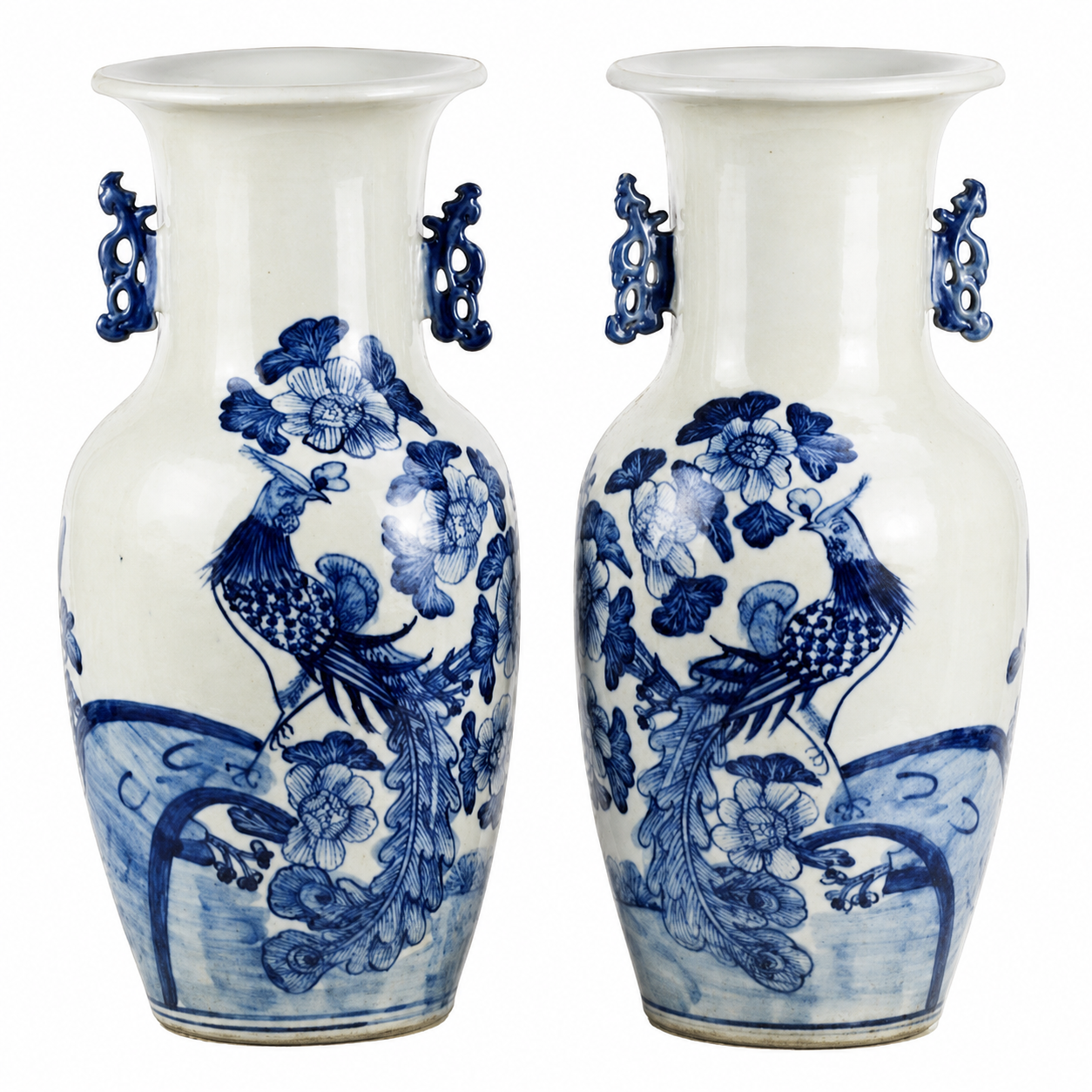 Pair of Pheasant Vases with Butterfly Handles