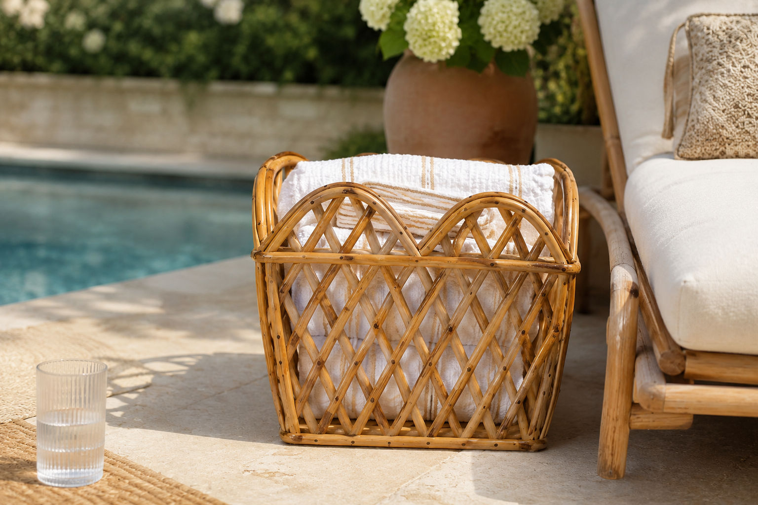 Natural Square Scalloped Lattice Rattan Planter