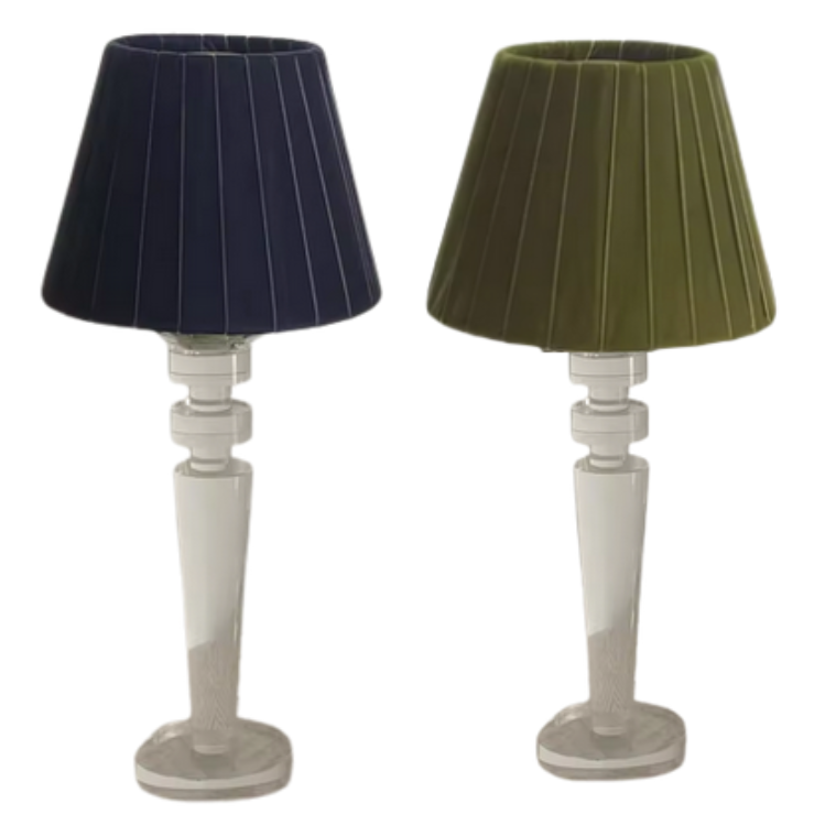 Tall Crystal Rechargeable Lamp with Velvet Pleated Shade