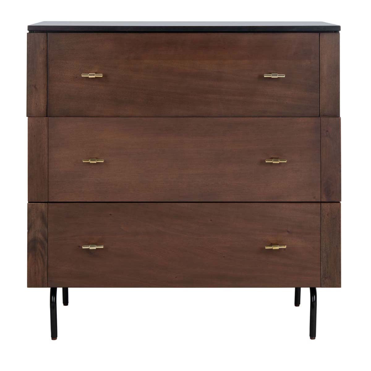 Genevieve 3 Drawer Dresser | Safavieh - Walnut/Black/Gold