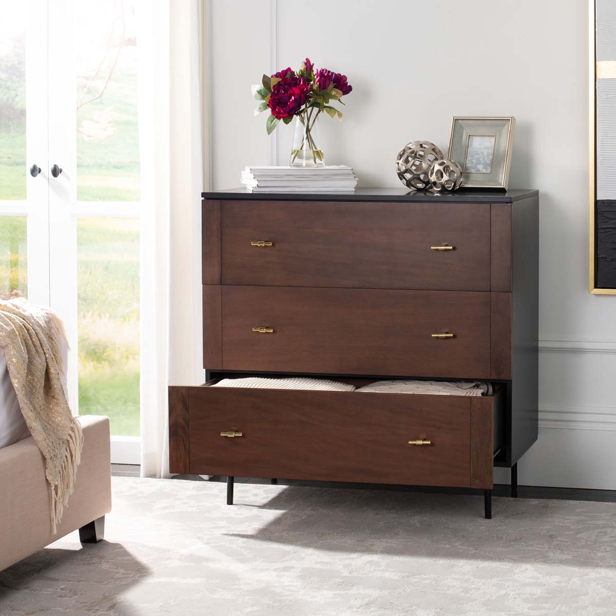 Genevieve 3 Drawer Dresser | Safavieh - Walnut/Black/Gold