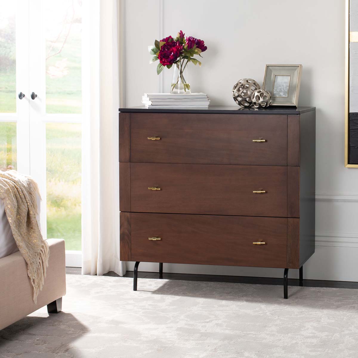 Genevieve 3 Drawer Dresser | Safavieh - Walnut/Black/Gold