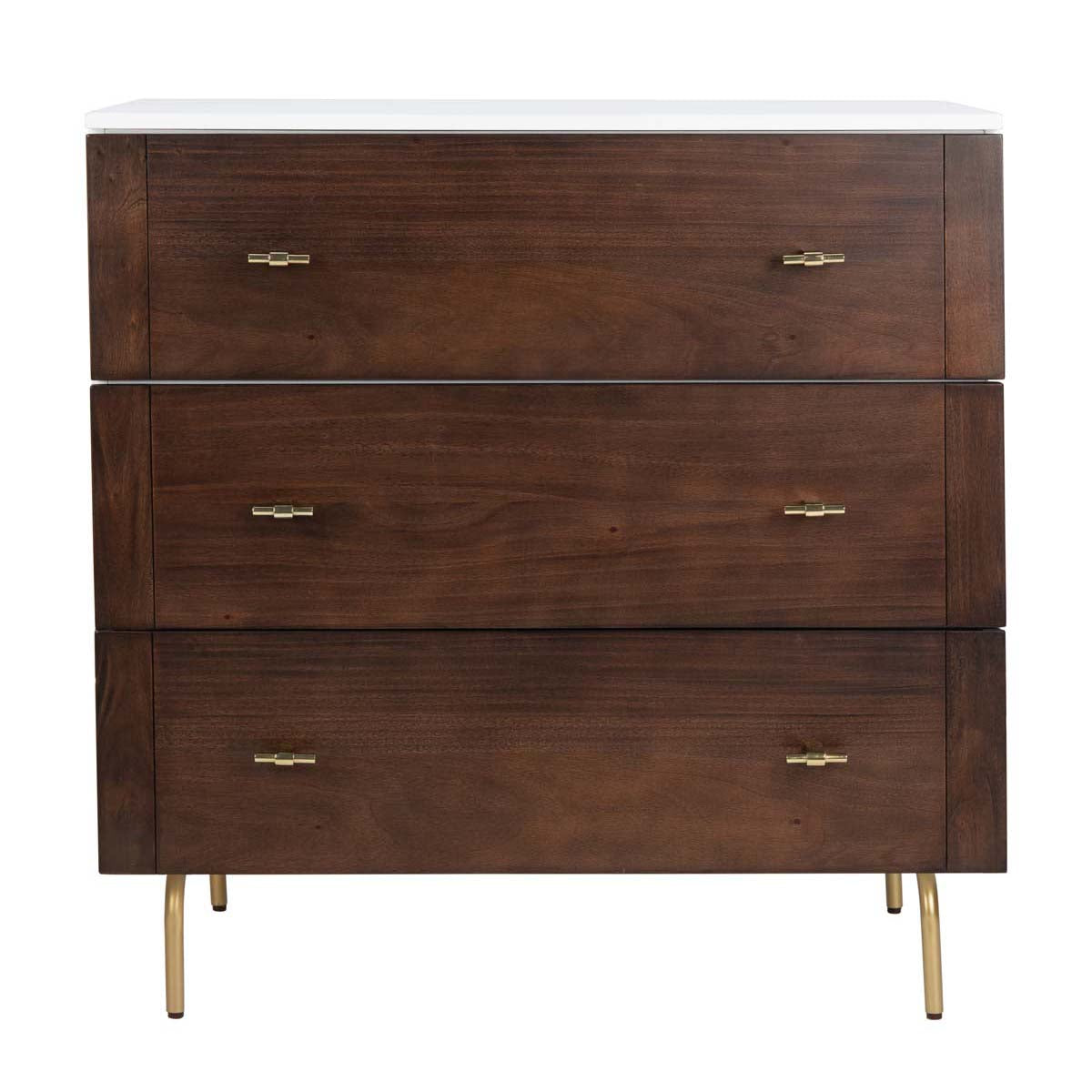 Genevieve 3 Drawer Dresser | Safavieh - White/Walnut/Gold