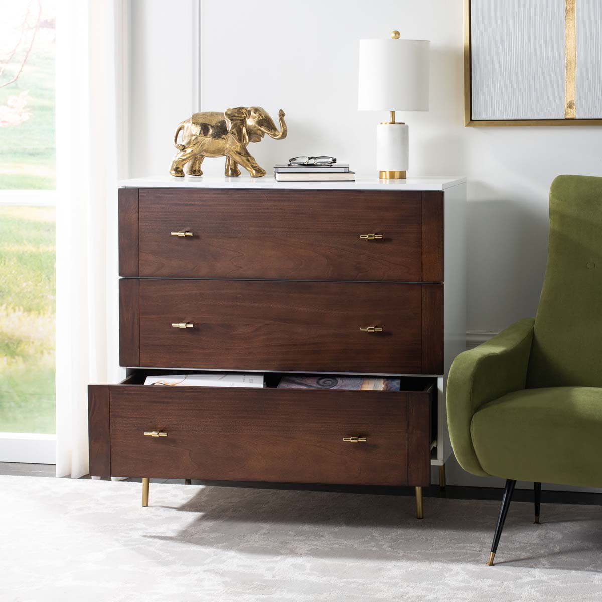 Genevieve 3 Drawer Dresser | Safavieh - White/Walnut/Gold