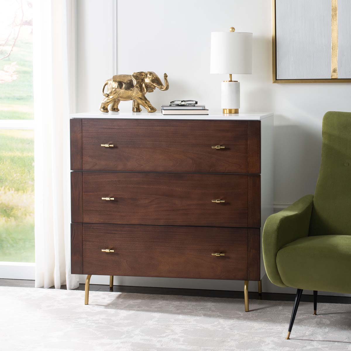 Genevieve 3 Drawer Dresser | Safavieh - White/Walnut/Gold