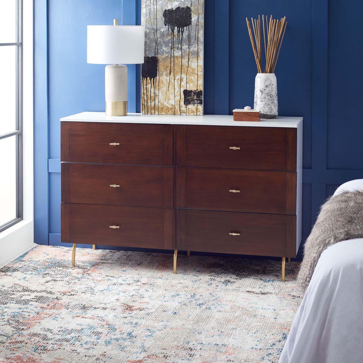 Genevieve 6 Drawer Dresser | Safavieh - Walnut / White