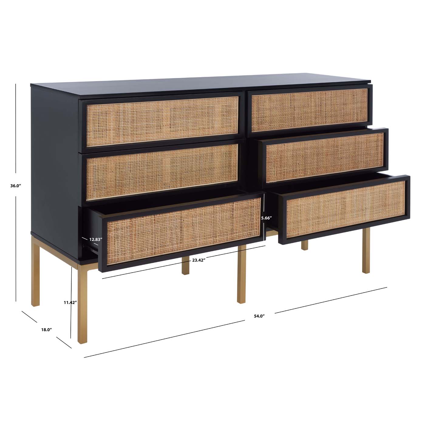 Zadie 6 Drawer Rattan Dresser | Safavieh - Black / Natural