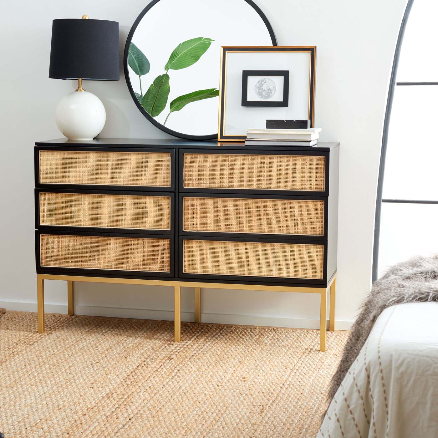 Zadie 6 Drawer Rattan Dresser | Safavieh - Black / Natural