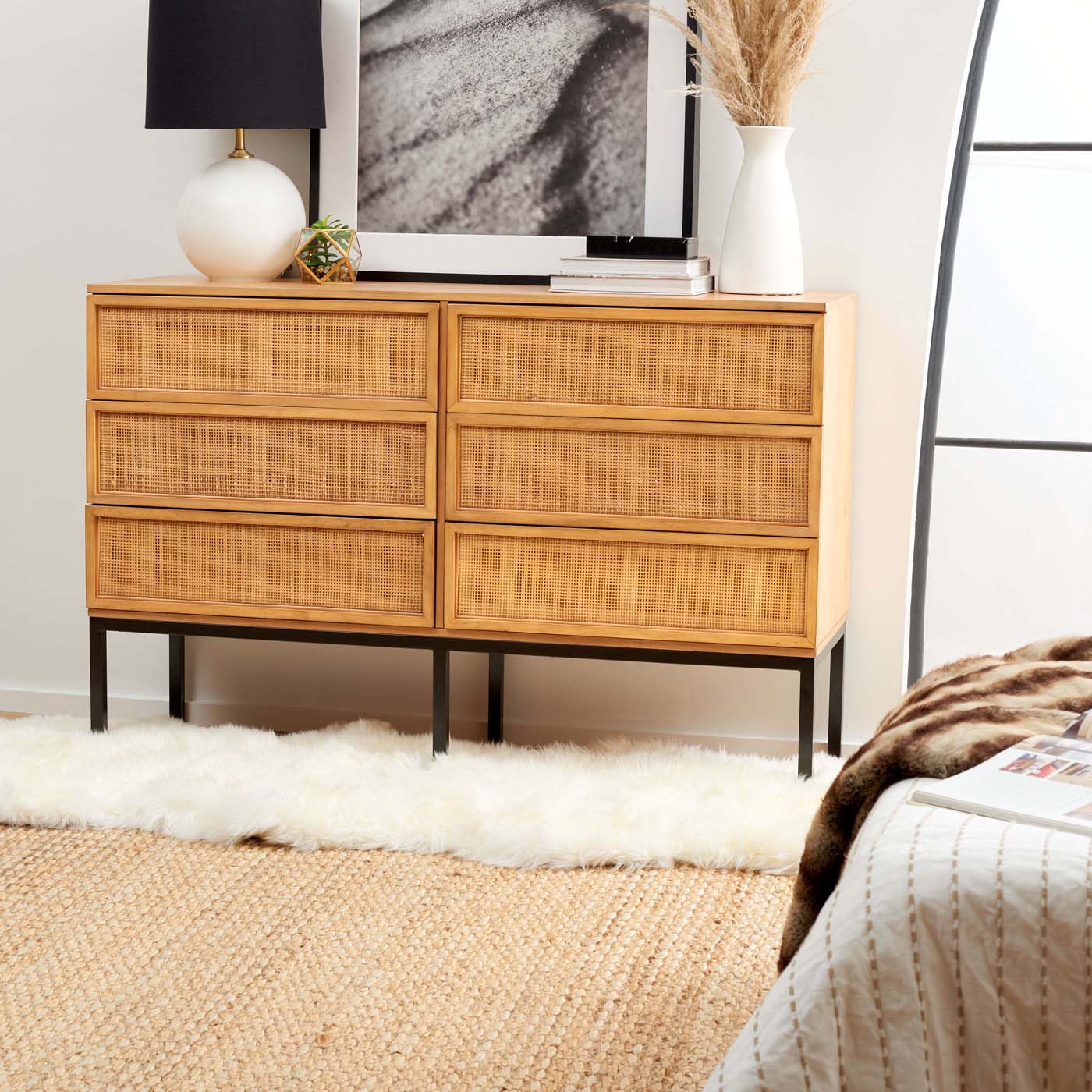 Zadie 6 Drawer Rattan Dresser | Safavieh - Natural / Black