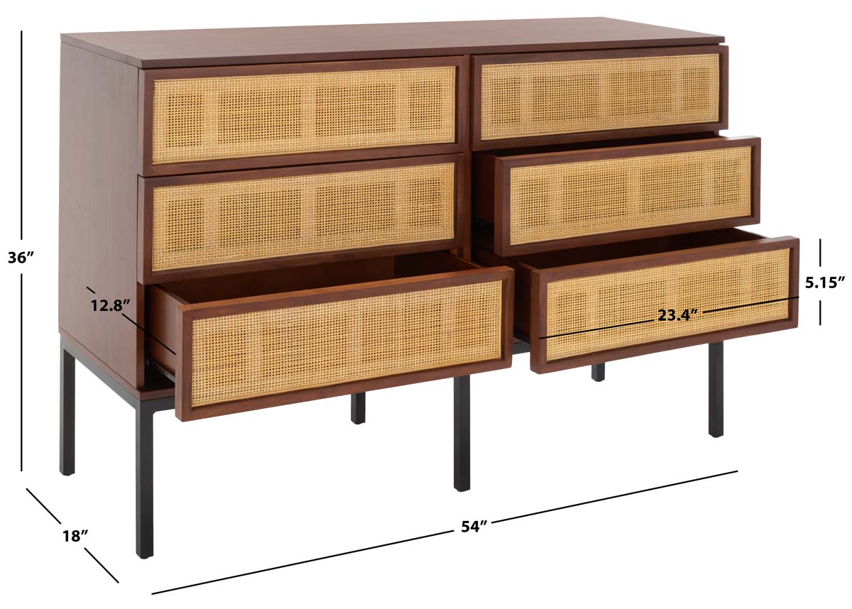 Zadie 6 Drawer Rattan Dresser, Walnut / Natural