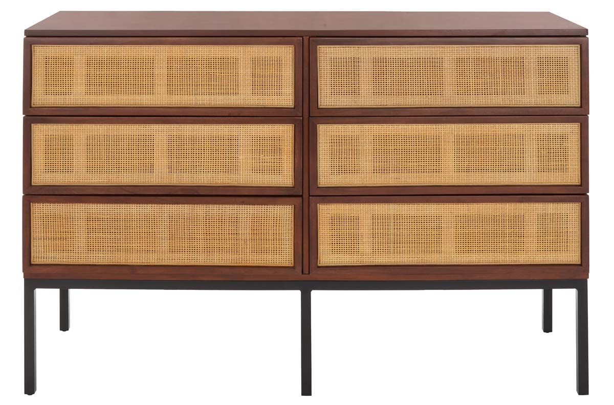 Zadie 6 Drawer Rattan Dresser, Walnut / Natural