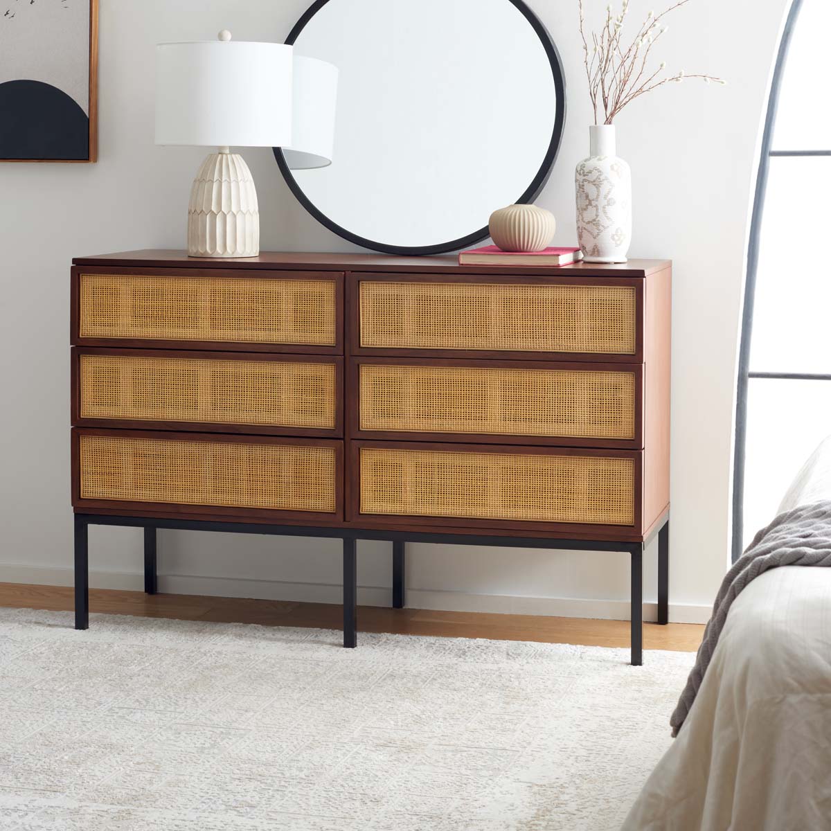 Zadie 6 Drawer Rattan Dresser, Walnut / Natural