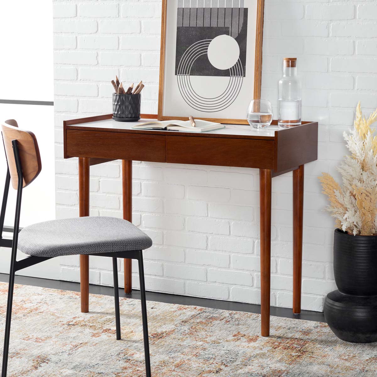 Henley 2 Drawer Desk | Safavieh - White Marble / Brown