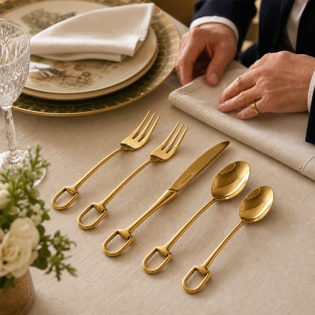 Stirrup Five piece Flatware Set - Stainless Steel Shiny Gold