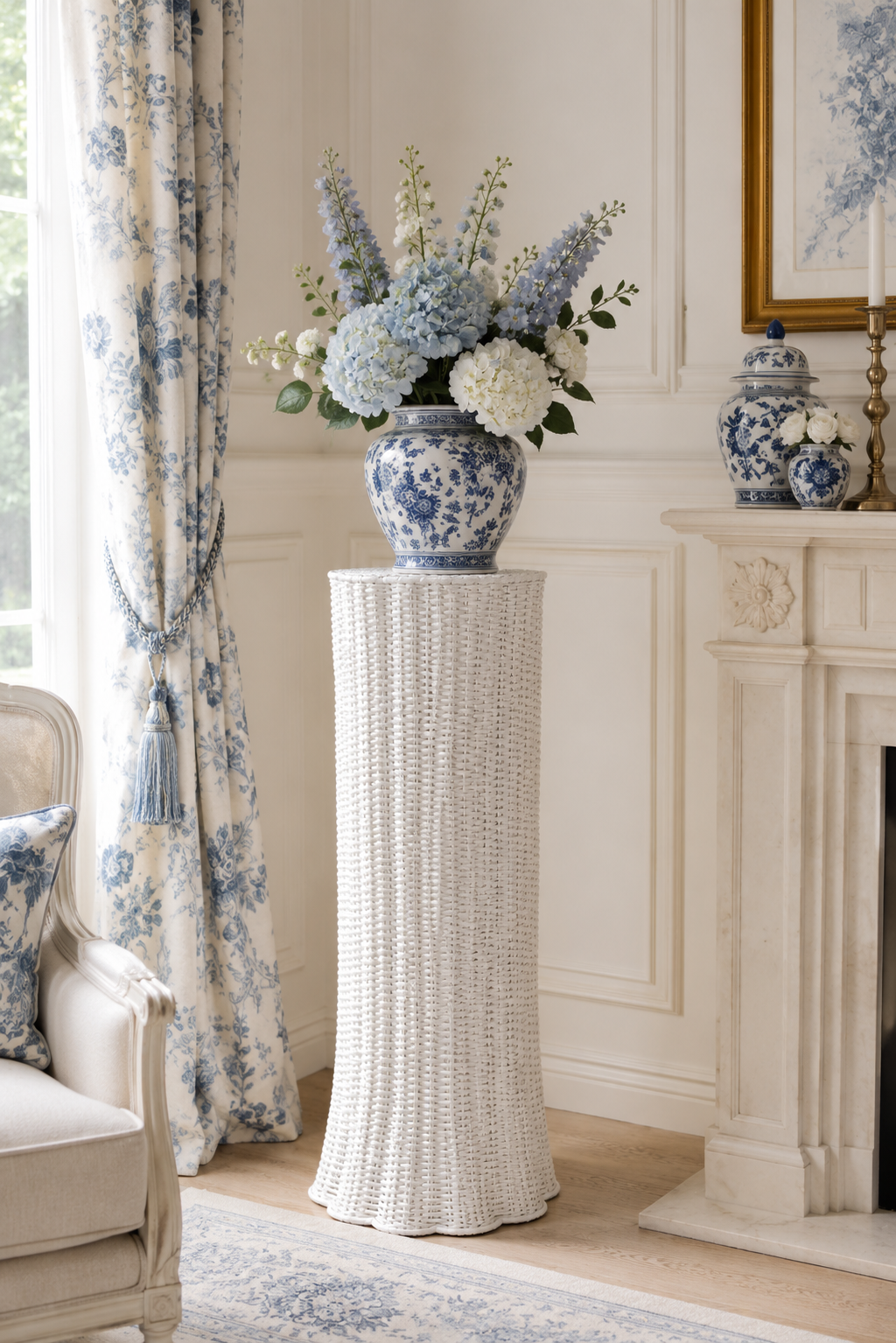 White Round Scalloped Wicker Urn and Pedestal (3 Options)