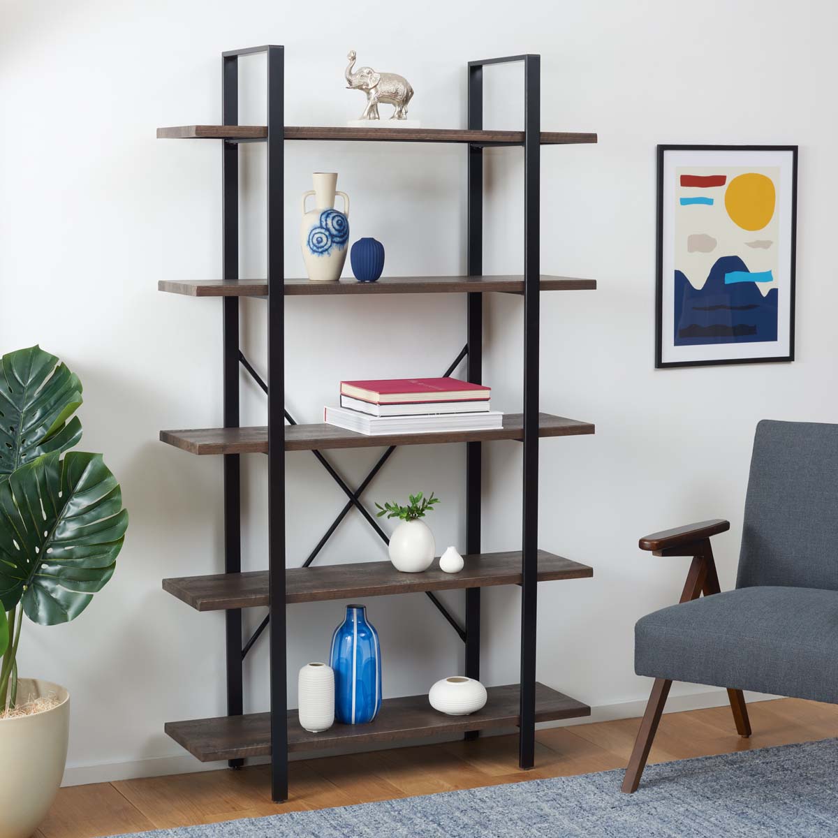 Euan 5 Shelf Cross Back Etagere | Safavieh - Cocoa Walnut / Matte Black