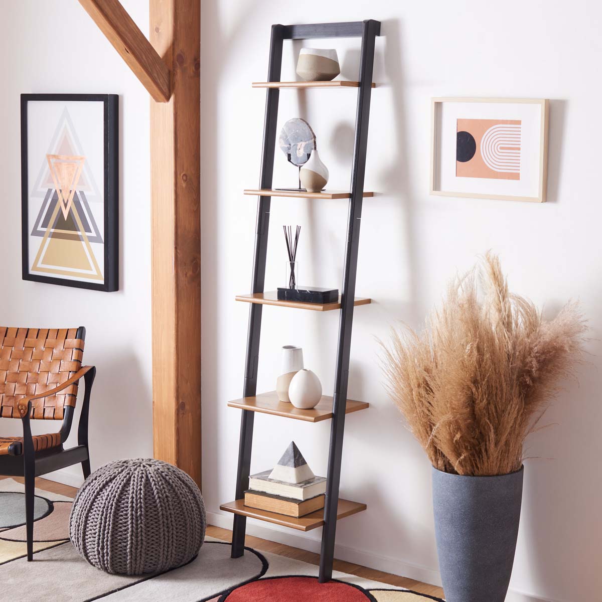 Allaire 5 Tier Leaning Etagere | Safavieh - Natural / Charcoal