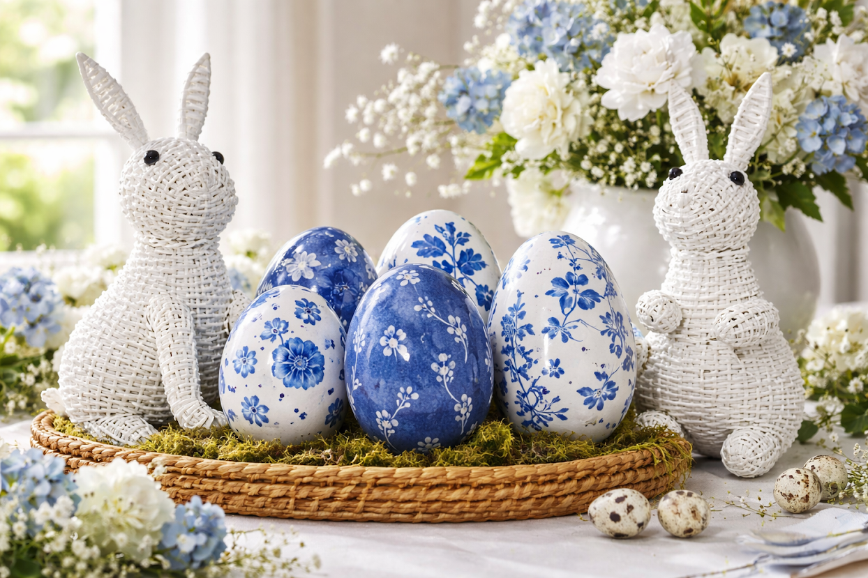 White & Blue Cherry Blossom Porcelain Egg