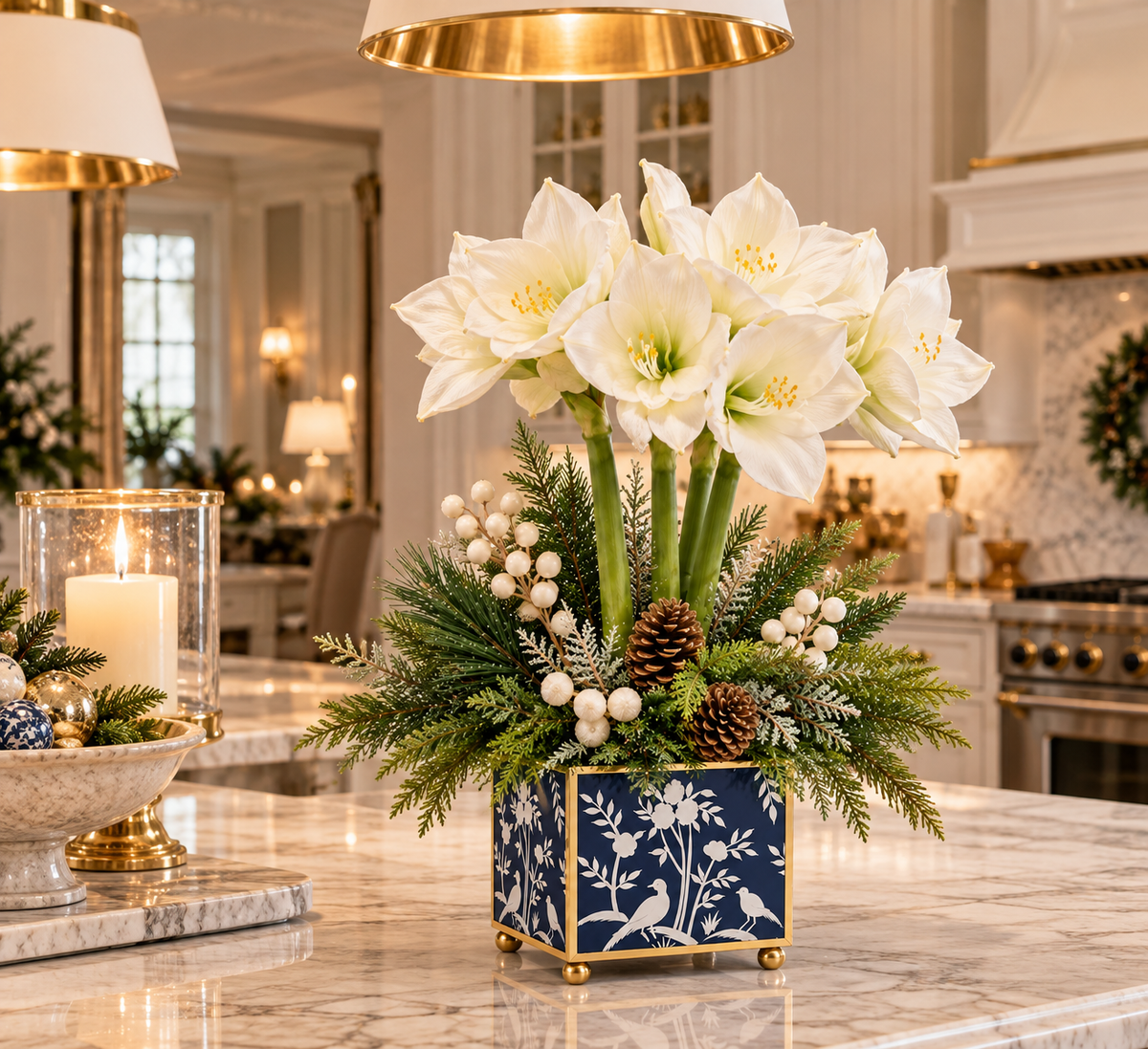 White Amaryllis & Winter Greens in Chinoiserie Planter