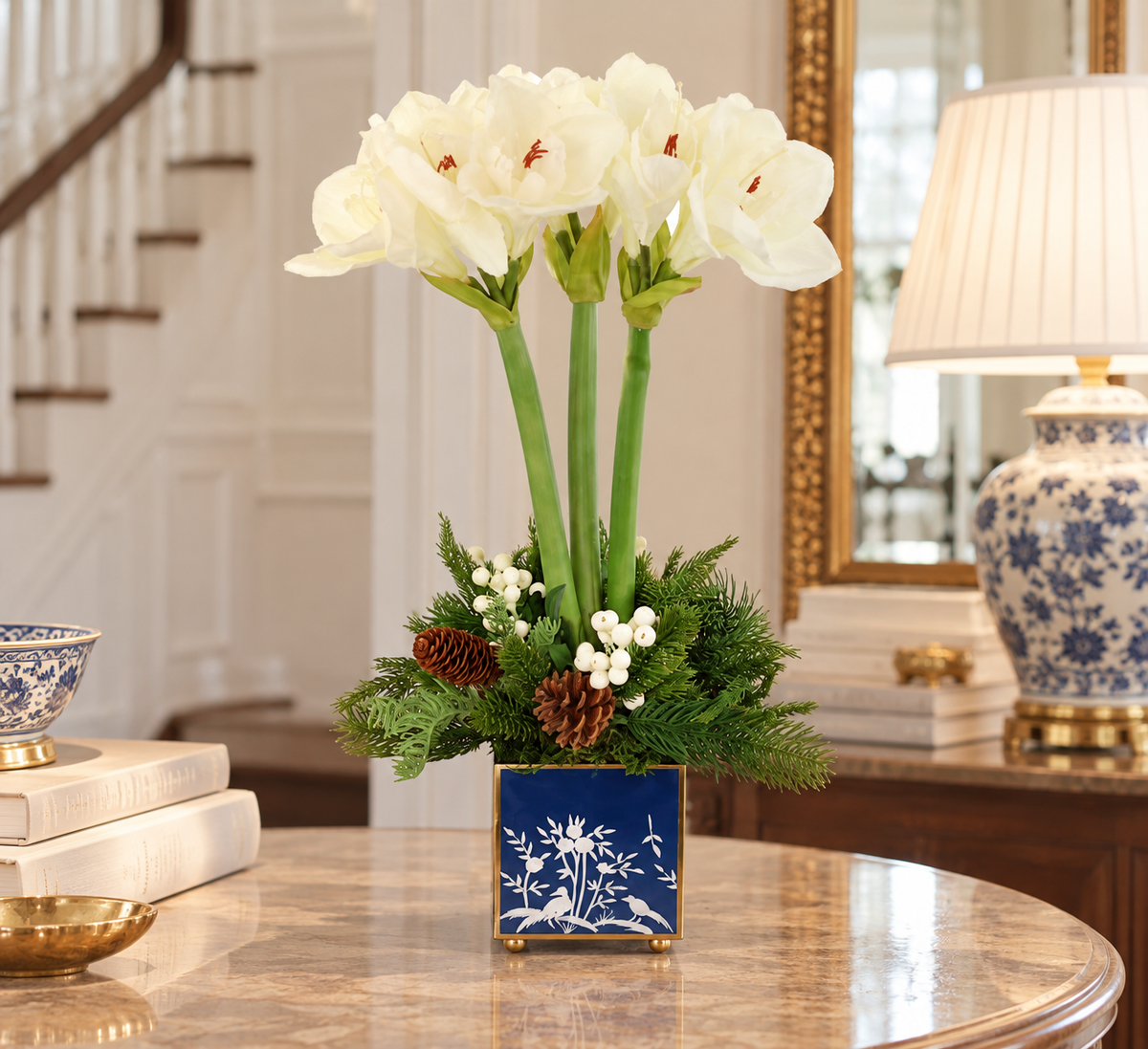 White Amaryllis & Winter Greens in Chinoiserie Planter