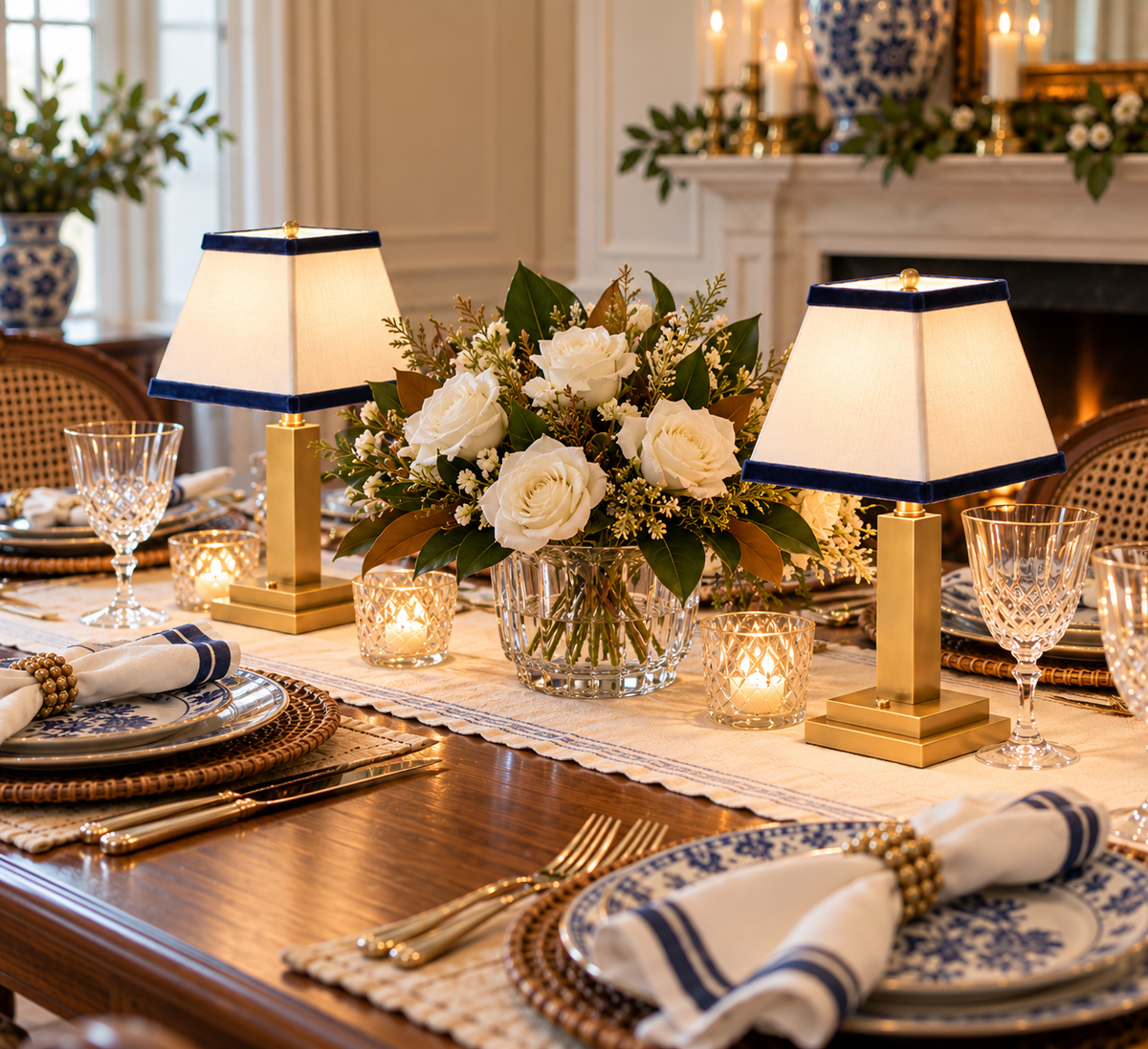 Gold Square Rechargeable Lamp with Navy Velvet Trim Shade