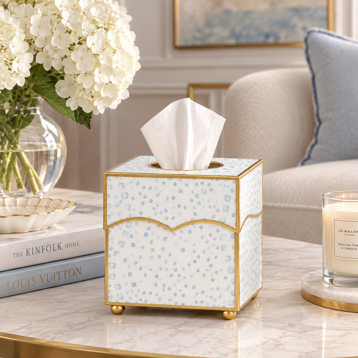 Pale Blue Polka Dot Wastepaper Basket & Tissue Holder (2 Options)