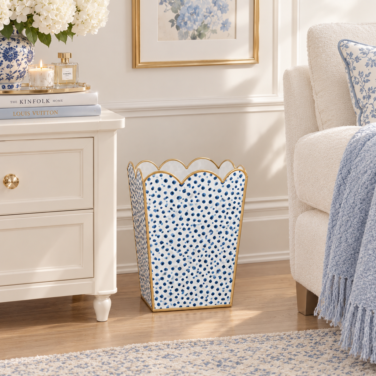 Navy Dot Square Scalloped Wastepaper Basket & Tissue Holder (2 Options)