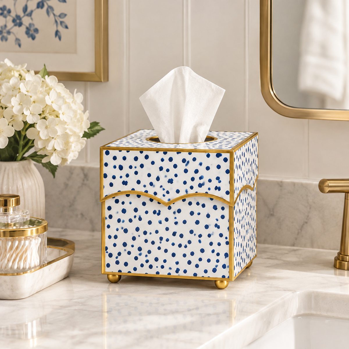 Navy Blue Polka Dot Wastepaper Basket & Tissue Holder (2 Options)