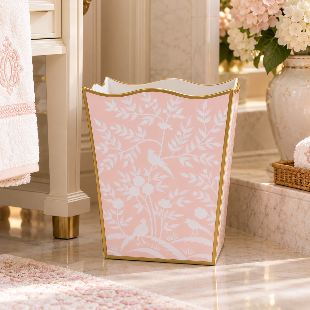 Pink Bird & Vine Wastepaper Basket & Tissue (2 Options)