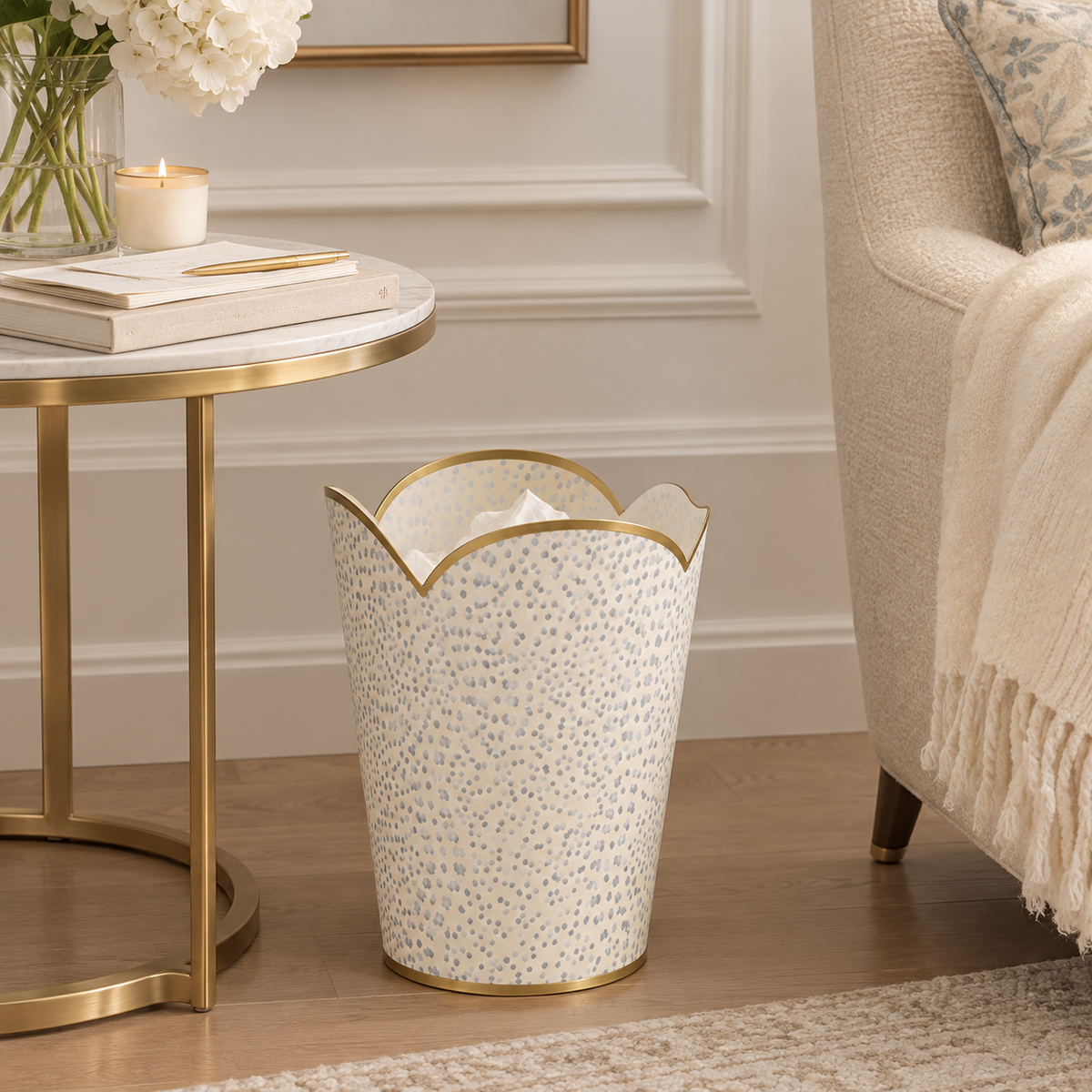 Pale Blue Polka Dot Wastepaper Basket & Tissue Holder (2 Options)