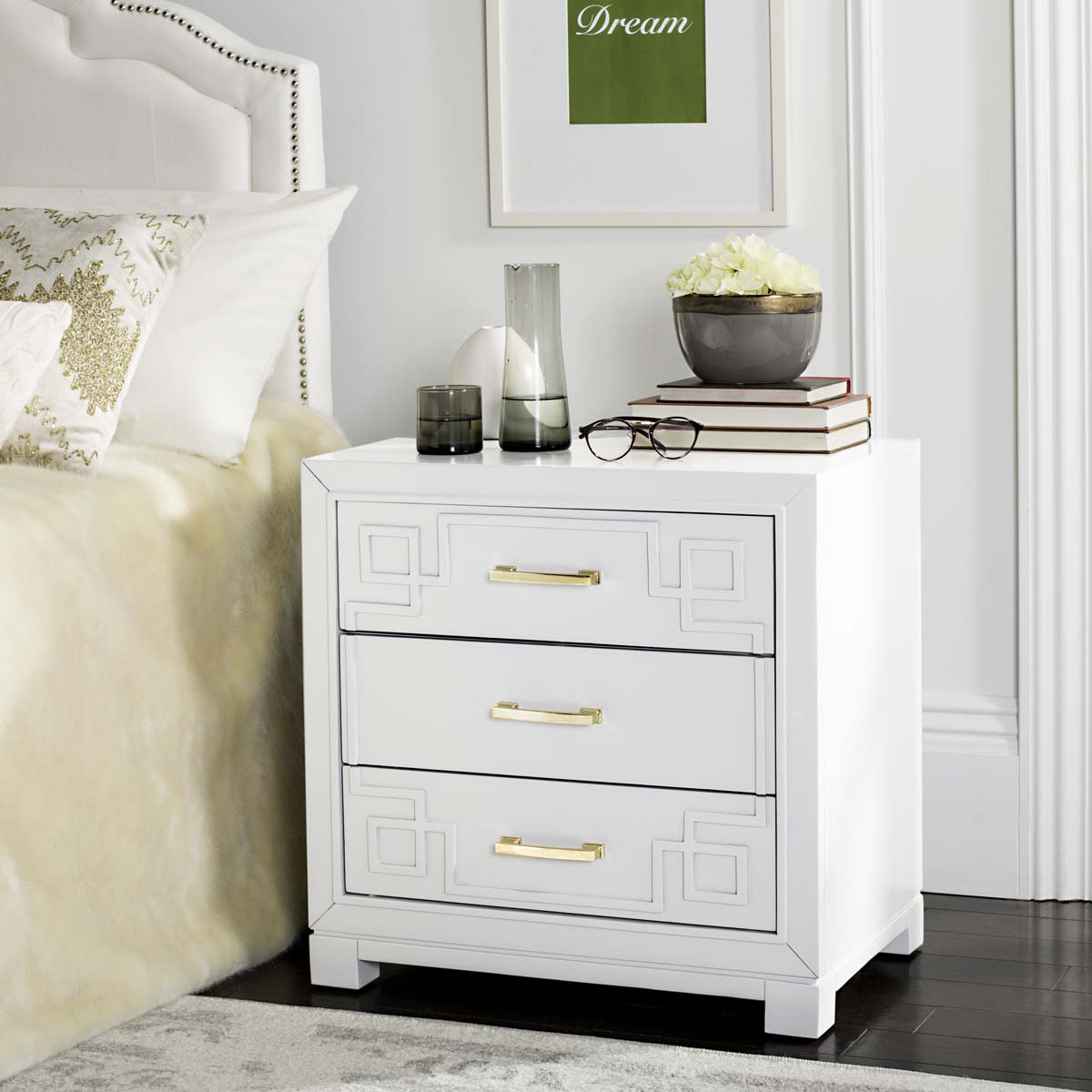 Raina Three Drawer Greek Key Night Stand | Safavieh - White