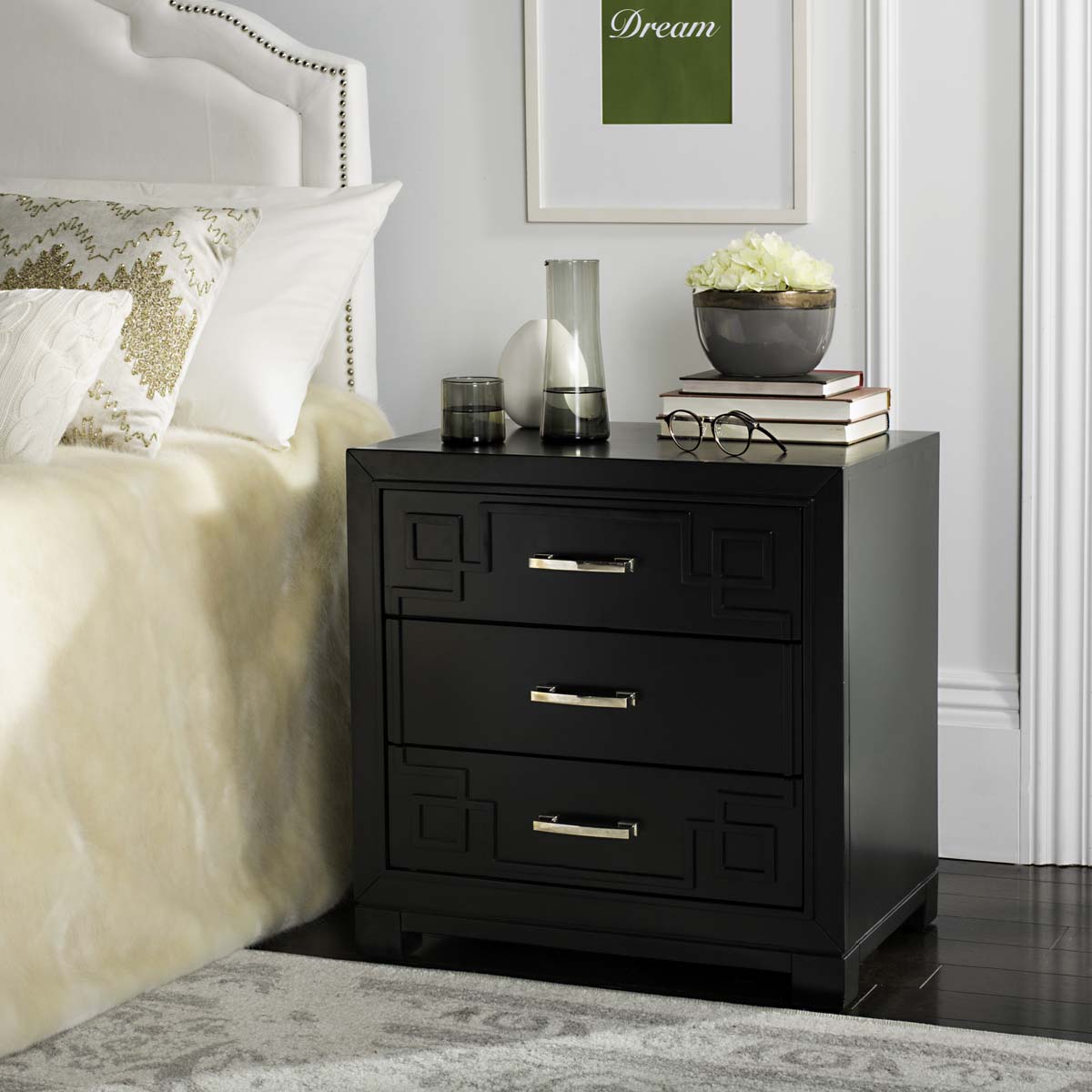 Raina Three Drawer Greek Key Night Stand | Safavieh - Black