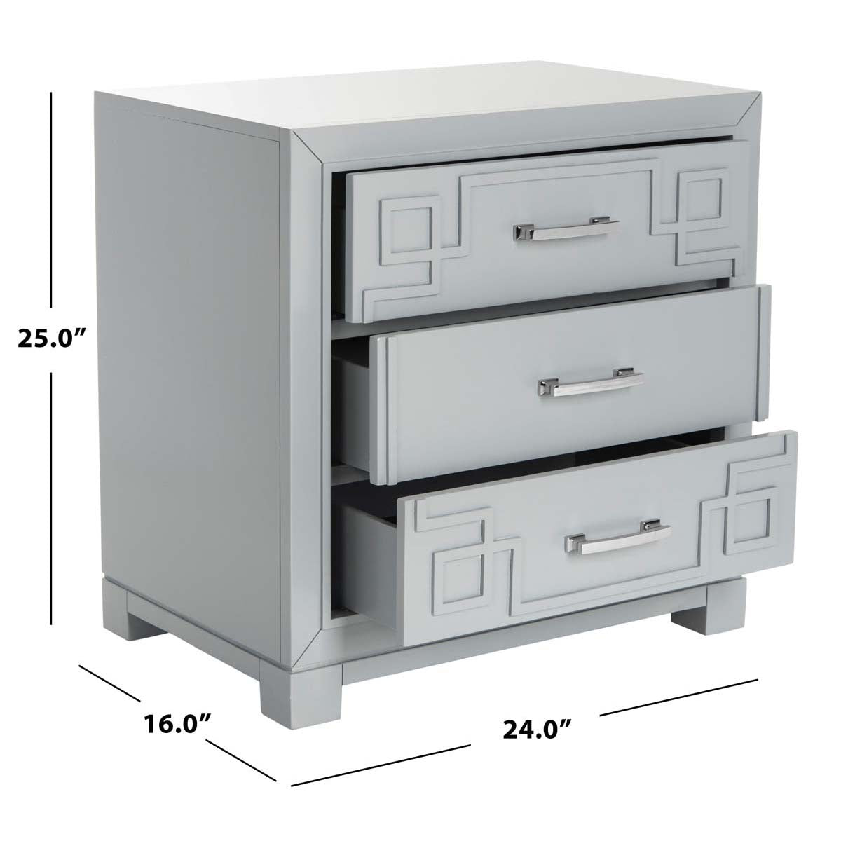 Raina Three Drawer Greek Key Night Stand | Safavieh - Grey