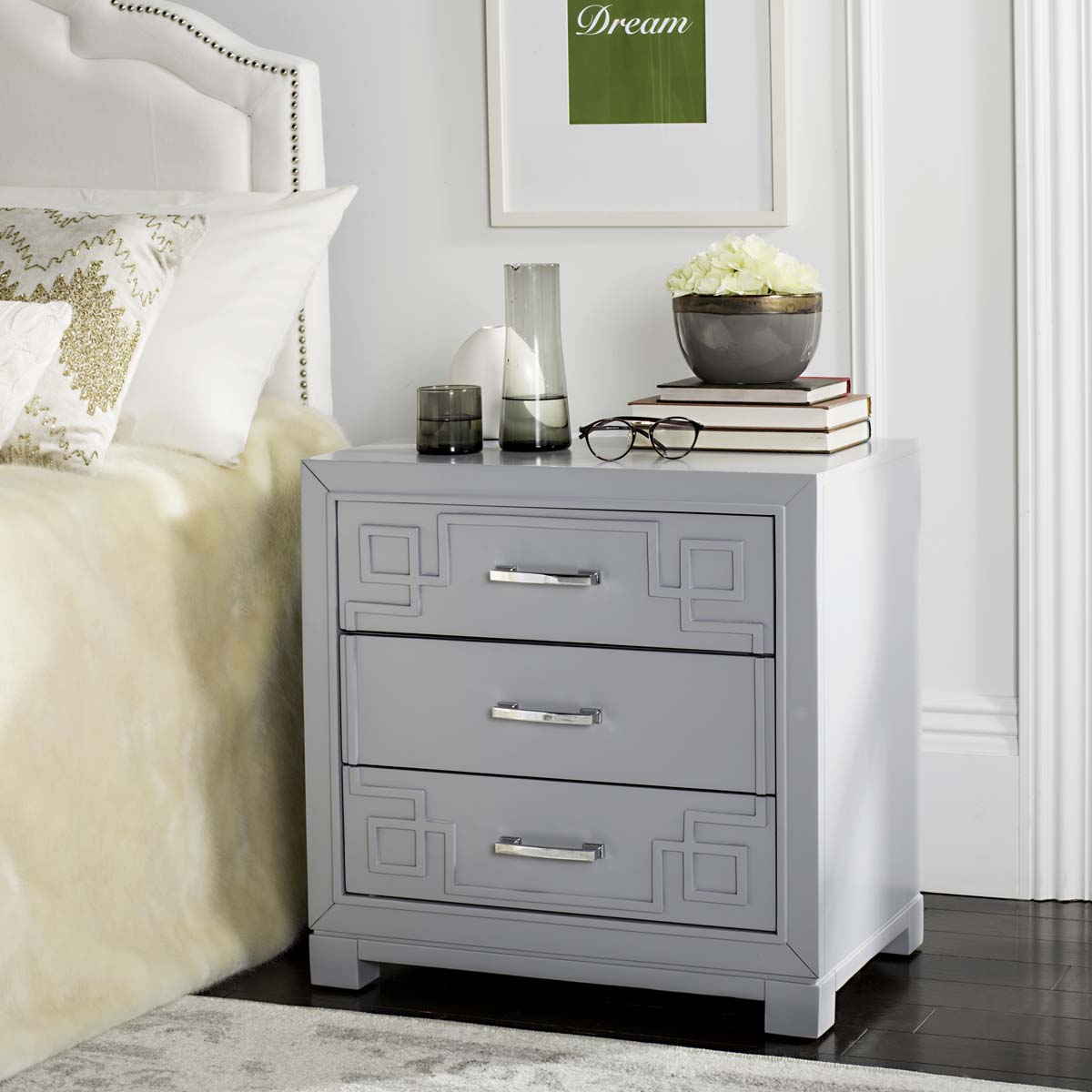 Raina Three Drawer Greek Key Night Stand | Safavieh - Grey