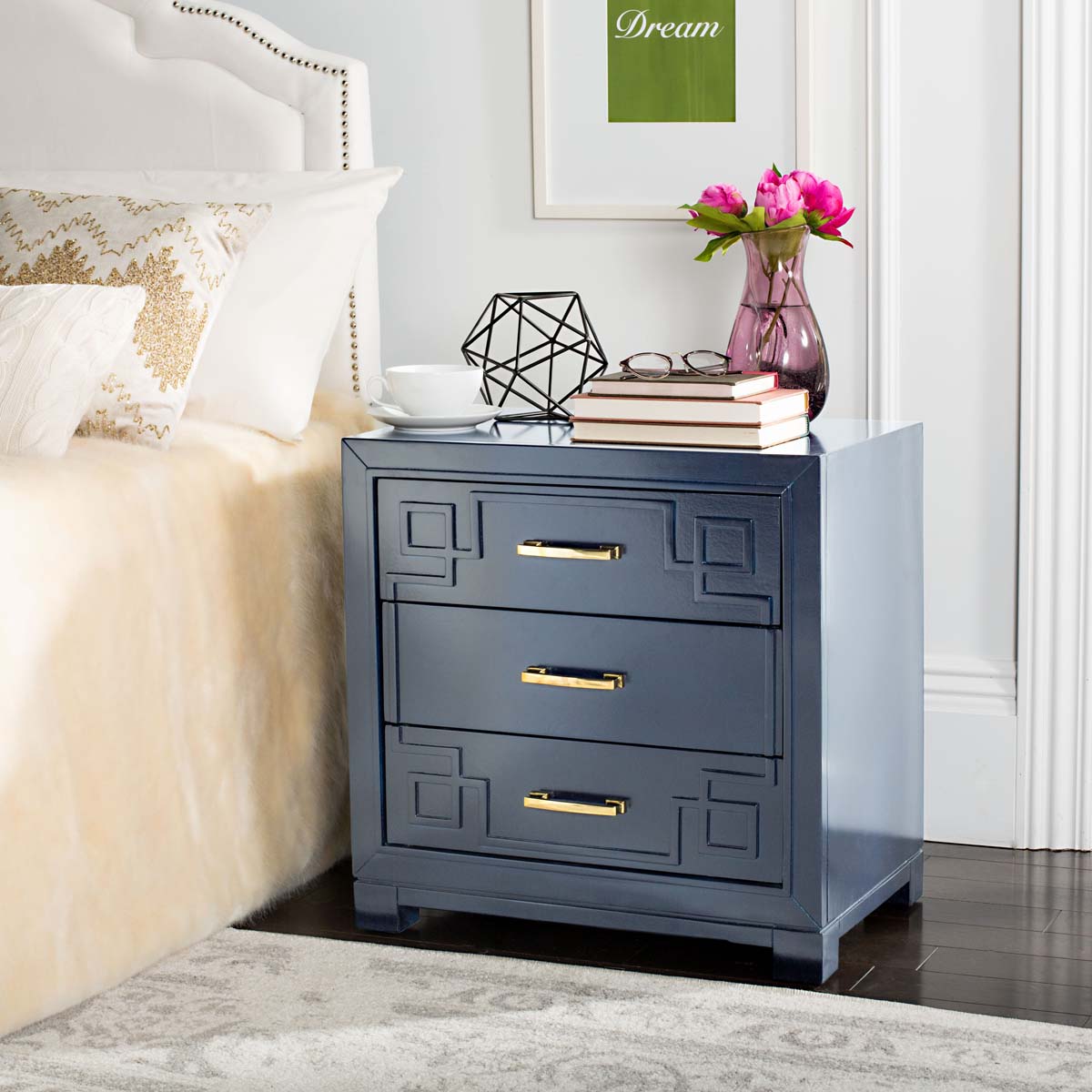 Raina Three Drawer Greek Key Night Stand | Safavieh - Navy