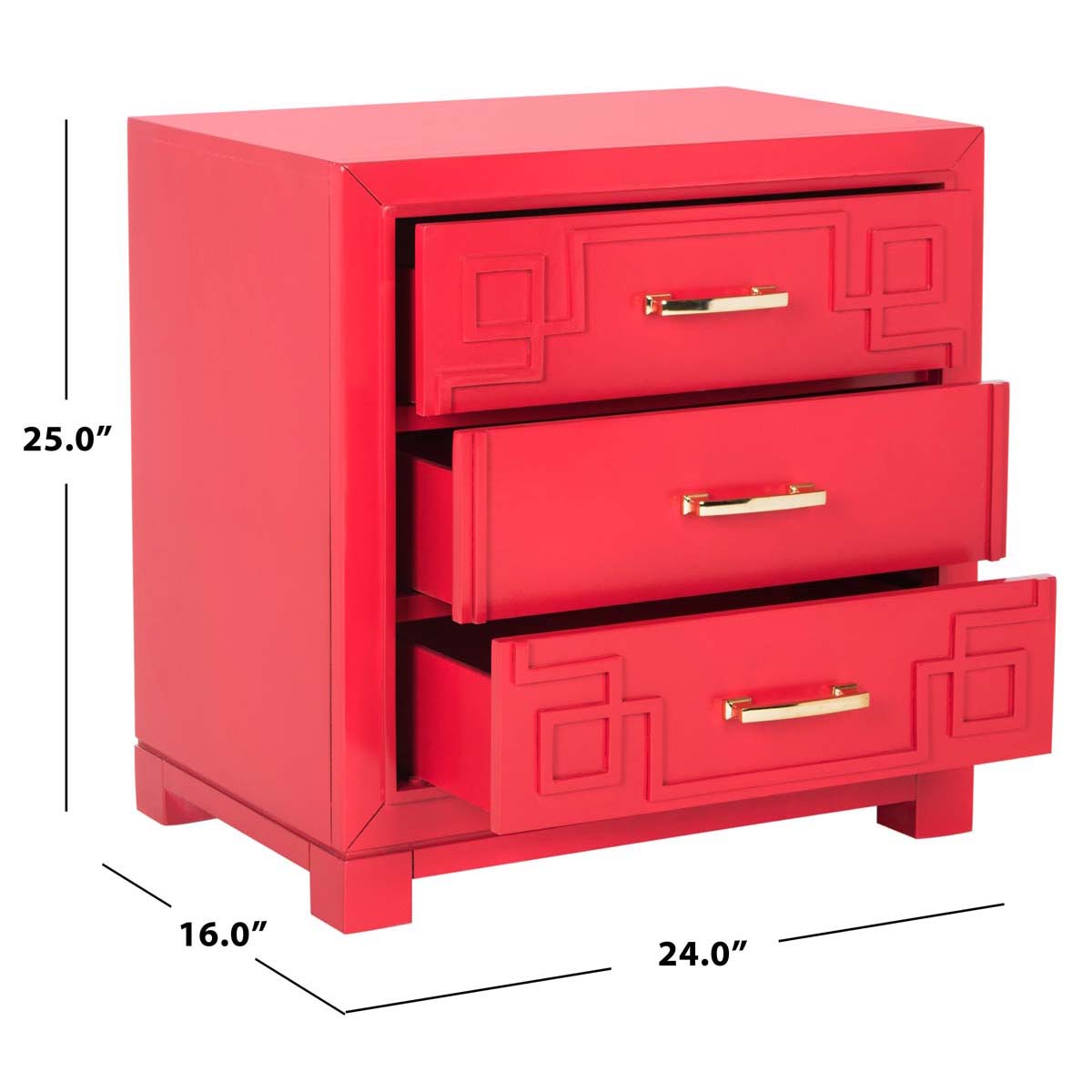 Raina Three Drawer Greek Key Night Stand | Safavieh - Red