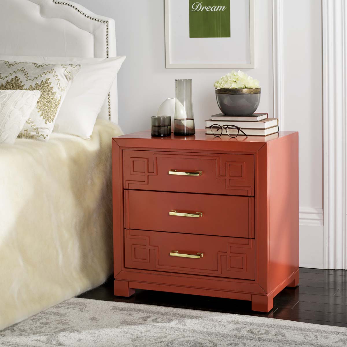 Raina Three Drawer Greek Key Night Stand | Safavieh - Red