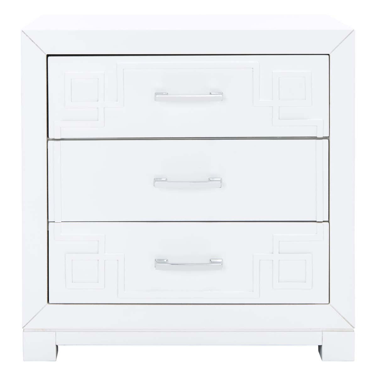 Raina Three Drawer Greek Key Night Stand  | Safavieh - White / Silver