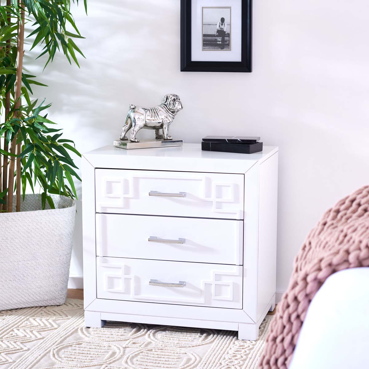 Raina Three Drawer Greek Key Night Stand  | Safavieh - White / Silver