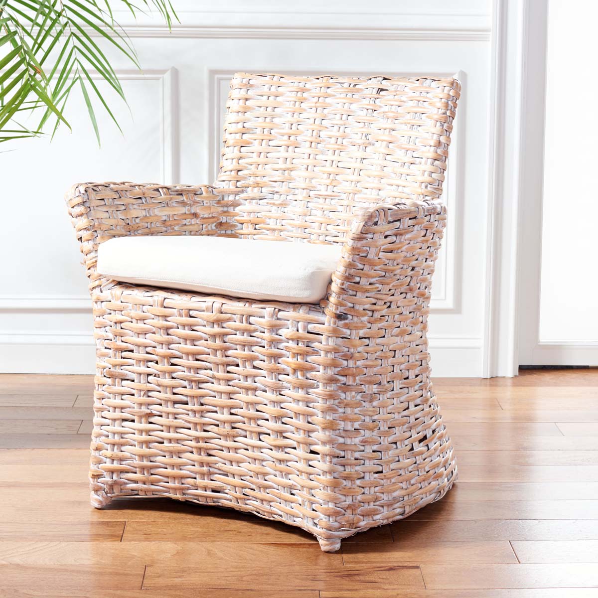 Safavieh Cabana Rattan Arm Chair - White Wash/ White Cushion