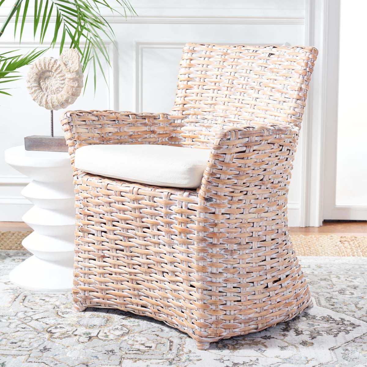 Safavieh Cabana Rattan Arm Chair - White Wash/ White Cushion