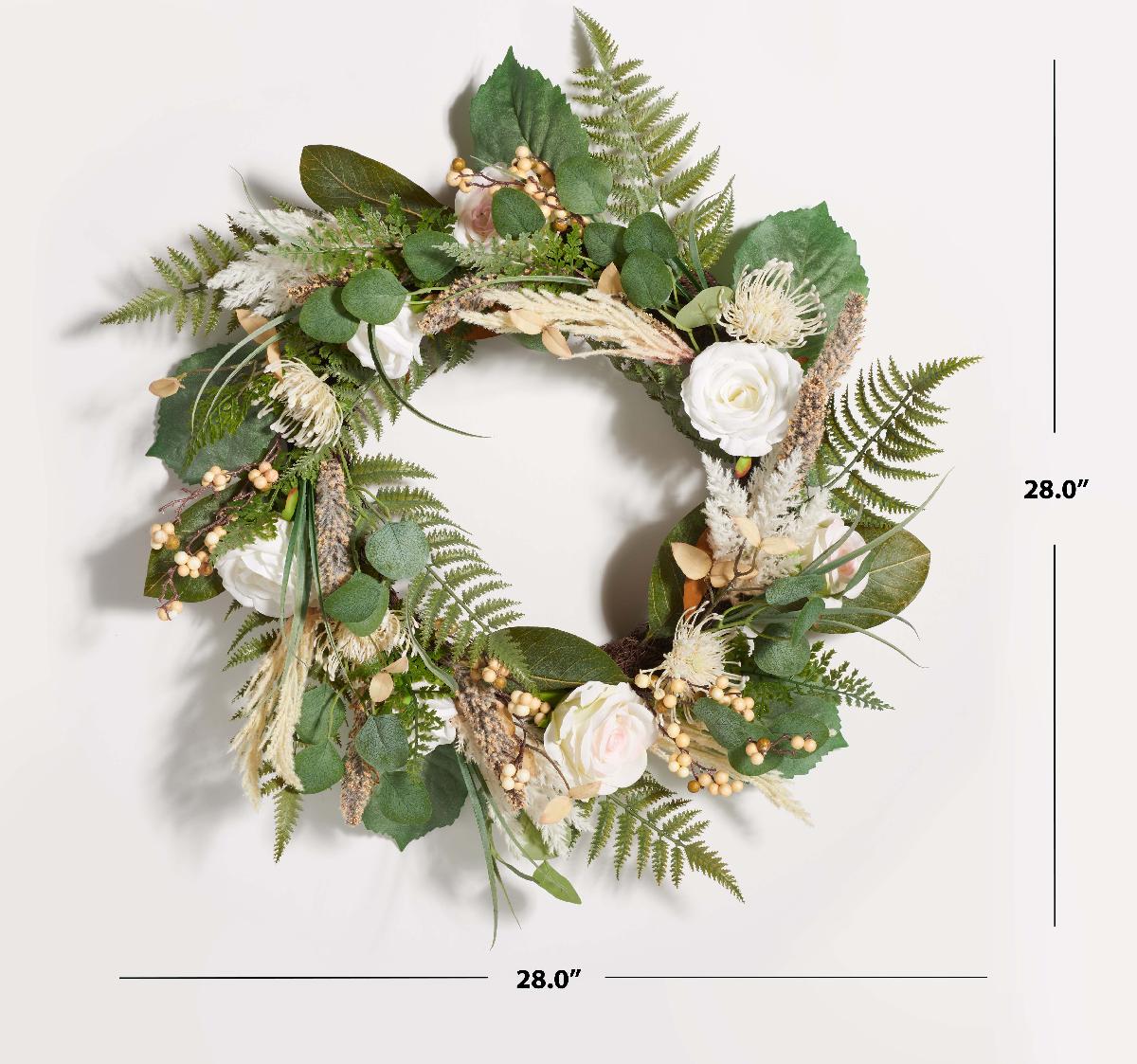 Faux 28 Rose & Fern Wreath | Safavieh - FXP1023 - Green/White