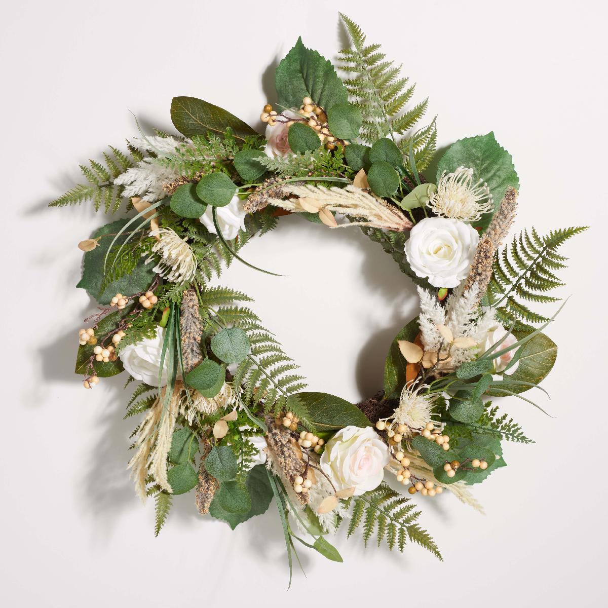 Faux 28 Rose & Fern Wreath | Safavieh - FXP1023 - Green/White