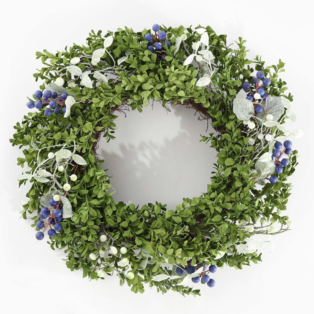 Faux 24 Boxwood & Berry Wreath | Safavieh - FXP1038 - Green / Blue