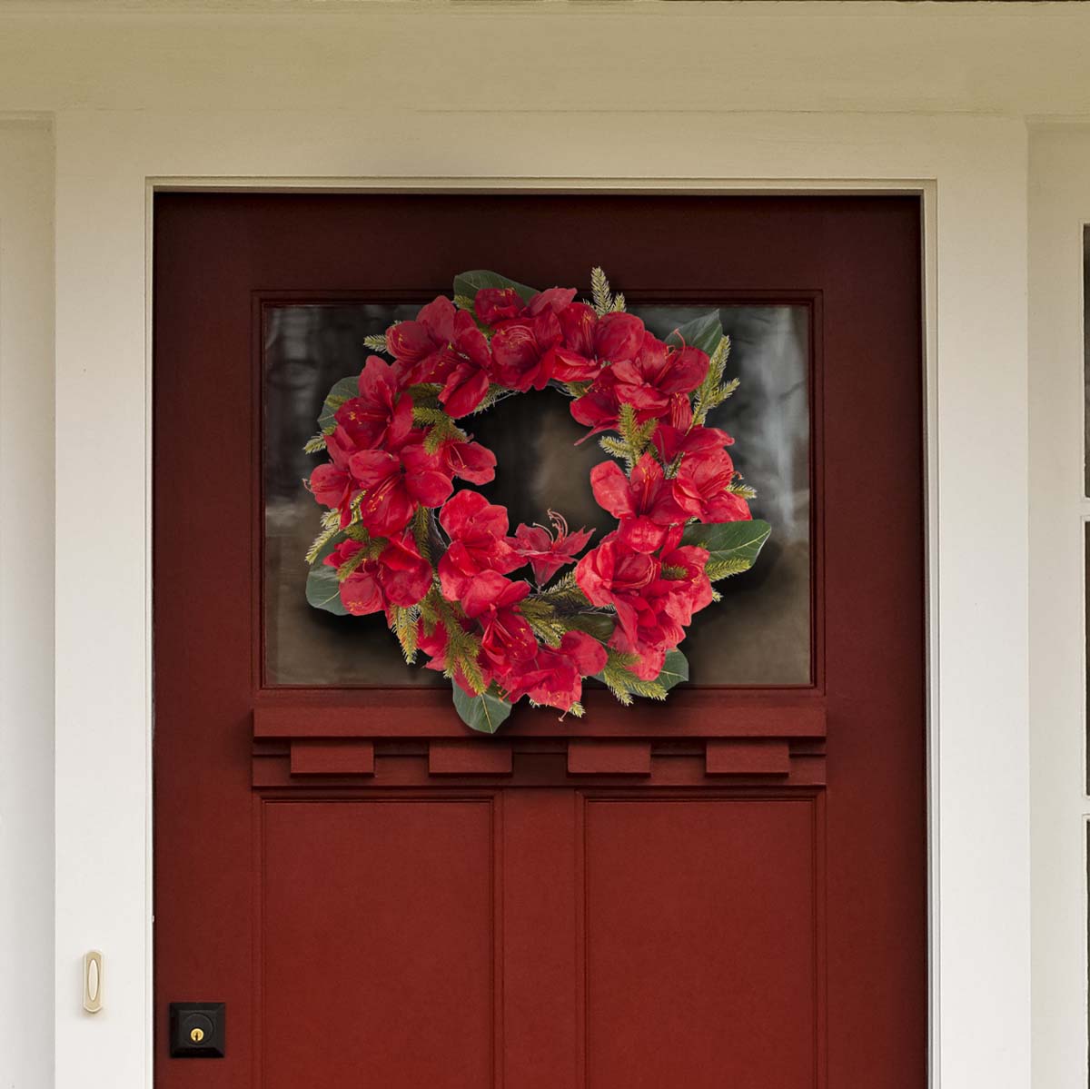 Faux 24 Inch Amaryllis & Magnolia Leaf Wreath | Safavieh - FXP1091 - Red / Green