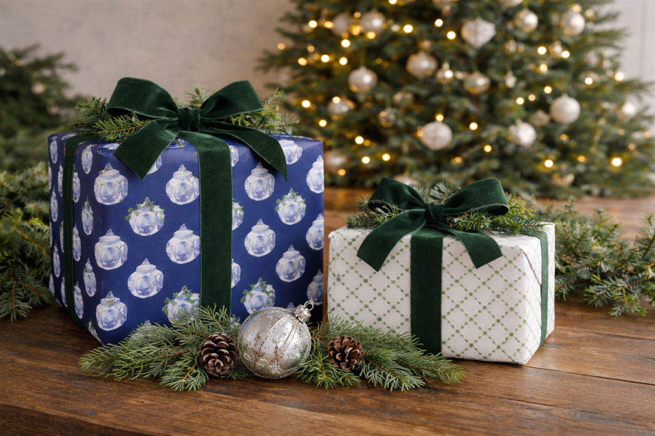 Reversible Navy Ginger Jar and Green Trellis Gift Wrap