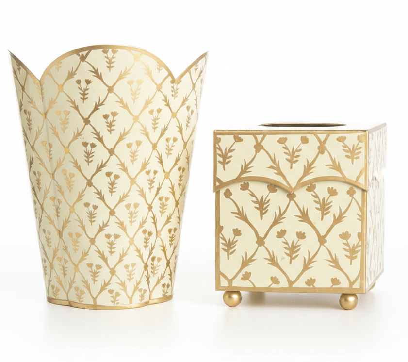 Ivory & Gold Tulip Wastepaper Basket & Tissue (3 Options)