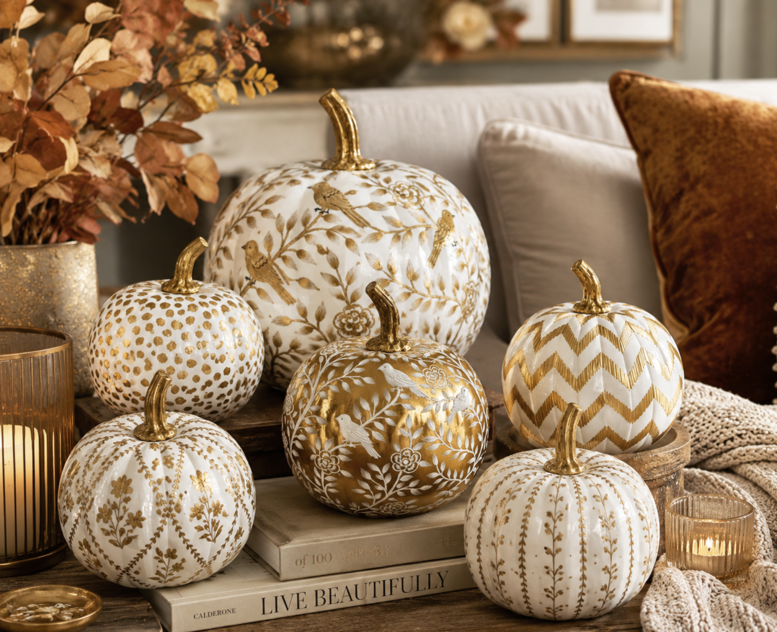 Gold Bird & Vine Silhouette Pumpkin